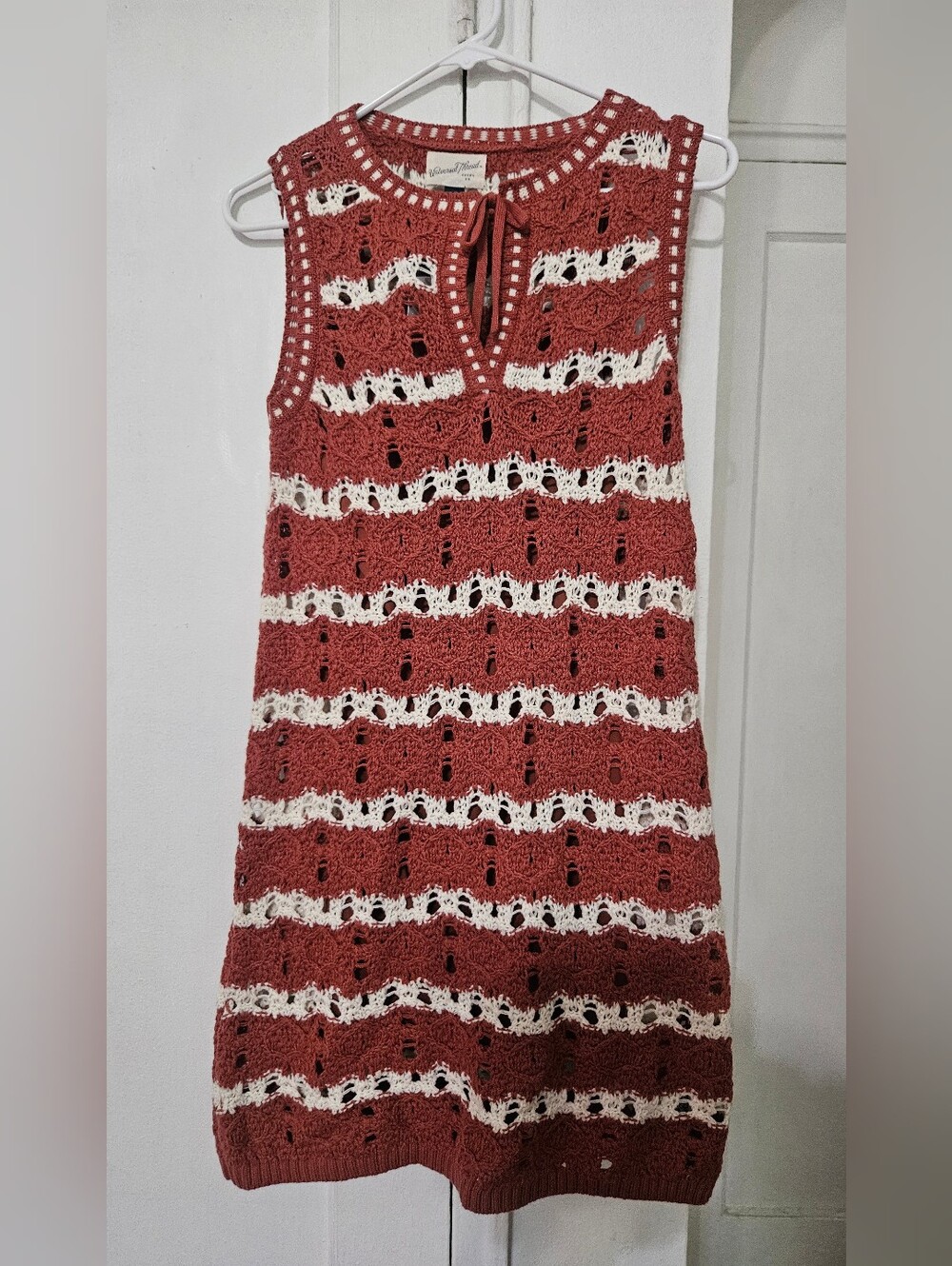 Rust & white crochet dress with horizontal stripes